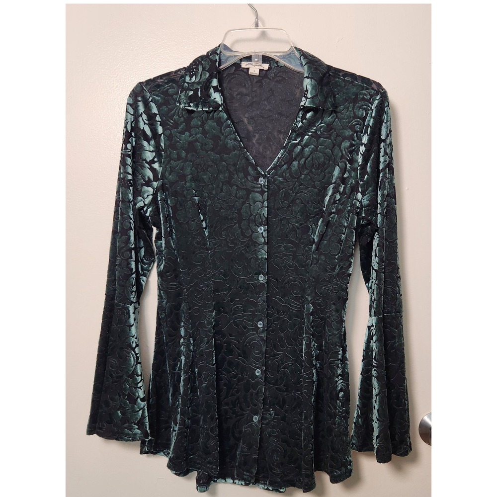 Ultra Pink Green Velvet Burnout S Mesh Bell Sleeve Peplum Blouse‎ Whimsigoth